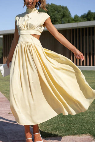 Voletter Chic Solid Stand Collar Sleeveless Slim Long Dress