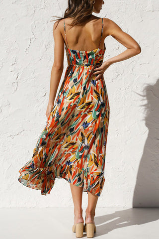 Voletter Chic Printed Sling V Neck Sleeveless Long Dress