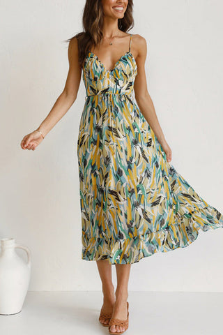 Voletter Chic Printed Sling V Neck Sleeveless Long Dress