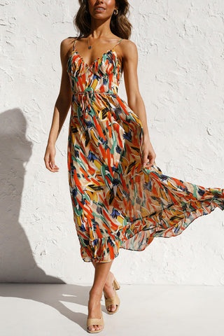 Voletter Chic Printed Sling V Neck Sleeveless Long Dress