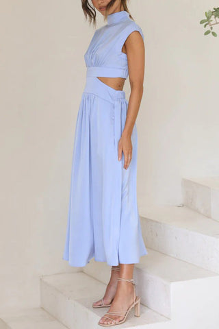 Voletter Chic Solid Stand Collar Sleeveless Slim Long Dress