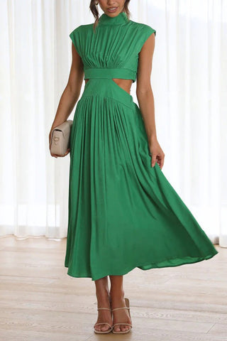 Voletter Chic Solid Stand Collar Sleeveless Slim Long Dress