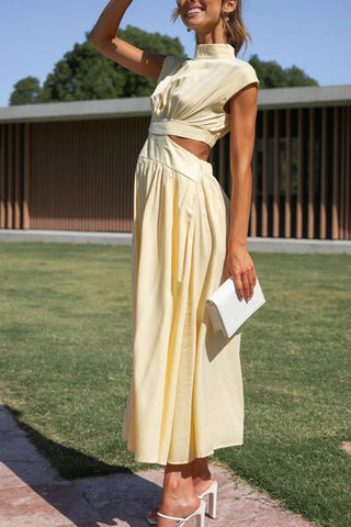 Voletter Chic Solid Stand Collar Sleeveless Slim Long Dress