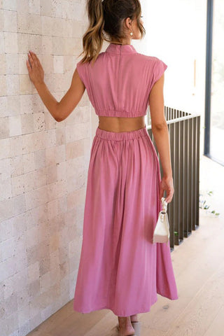 Voletter Chic Solid Stand Collar Sleeveless Slim Long Dress