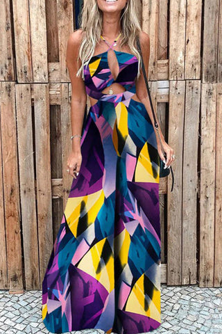 Voletter Fashion Printed Off Shoulder Sleeveless Long Jumpsuit