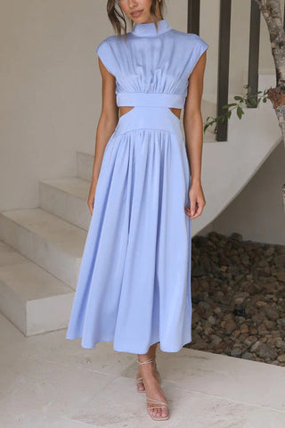 Voletter Chic Solid Stand Collar Sleeveless Slim Long Dress