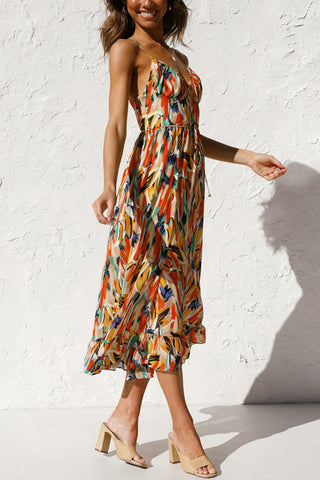 Voletter Chic Printed Sling V Neck Sleeveless Long Dress