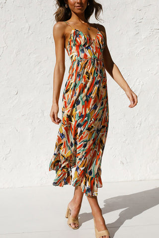 Voletter Chic Printed Sling V Neck Sleeveless Long Dress