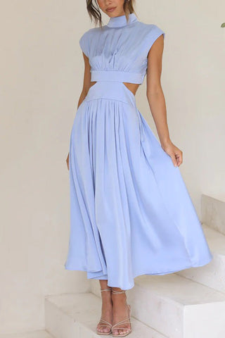 Voletter Chic Solid Stand Collar Sleeveless Slim Long Dress