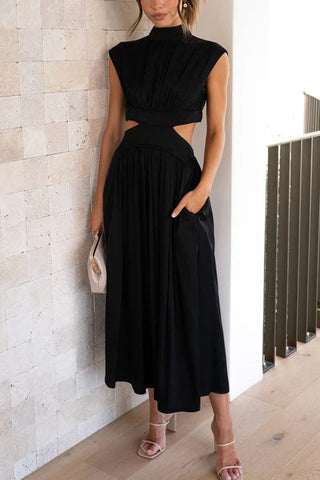 Voletter Chic Solid Stand Collar Sleeveless Slim Long Dress