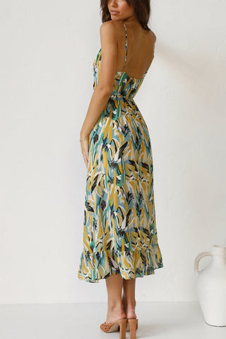 Voletter Chic Printed Sling V Neck Sleeveless Long Dress