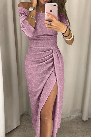 Voletter Boat Neck Glittering Slit Party Dress
