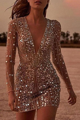 Voletter V Neck Sequin Wrap Mini Dress