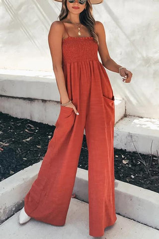 Voletter Pocket Wide Leg High Waist Vacation Casual Strap Jumpsuit