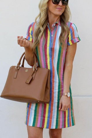 Voletter Rainbow Candy Striped Shirt Dress