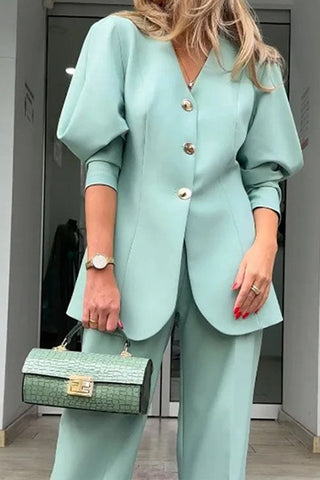 Voletter Fashion Solid Color Lantern Sleeve Loose Suit