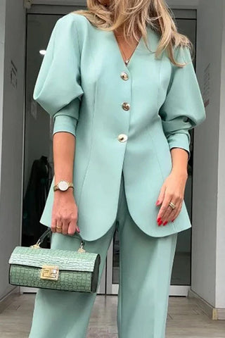 Voletter Fashion Solid Color Lantern Sleeve Loose Suit