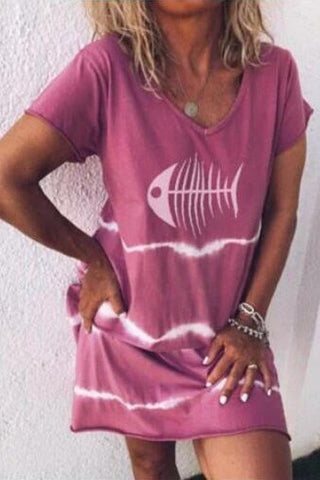 Voletter Fish Bone Printed Casual Mini Dress